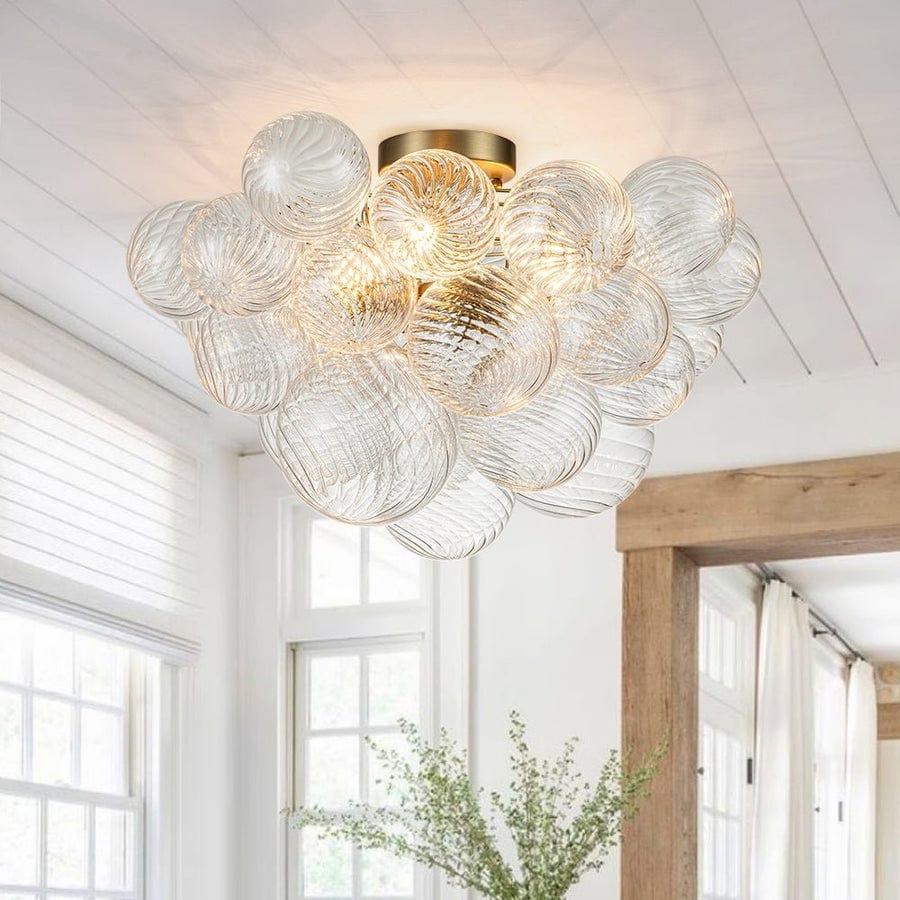 Modern Ribbed Glass Globe Cluster Bubble Semi Flush - Brass, Nickel