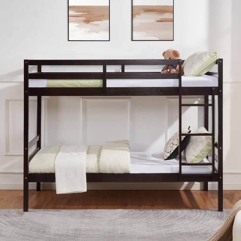 Twin over Twin Wooden Bunk Bed,High Guardrail,Ladder,Kids Teens,Dorm