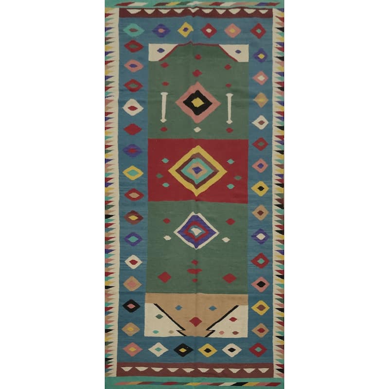 Hand Woven Oriental 100% Wool Carpet Southwestern Modern Green Kilim Area Rug - 11' 11'' X 5' 0''