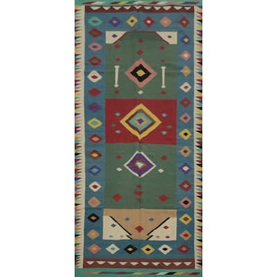 Hand Woven Oriental 100% Wool Carpet Southwestern Modern Green Kilim Area Rug - 11' 11'' X 5' 0''