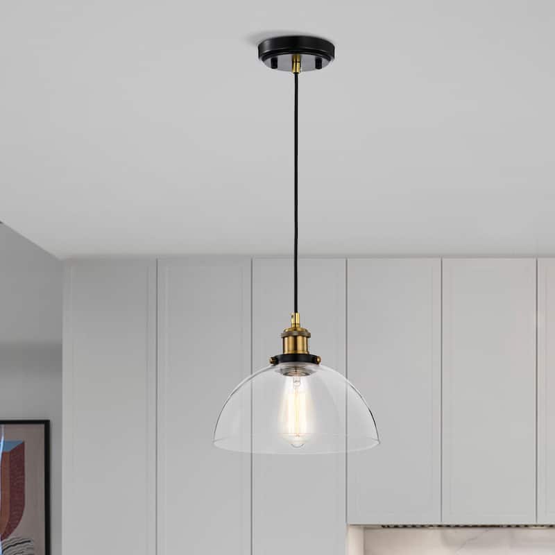 Black and Antique Brass 1-Light 10 Inch Bowl Glass Pendant Light for Kitchen and Island