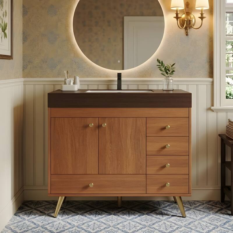 36" Freestanding Bathroom Vanity with Faux Marble Top, Ceramic Sink, 5 Drawers & Stainless Steel Legs