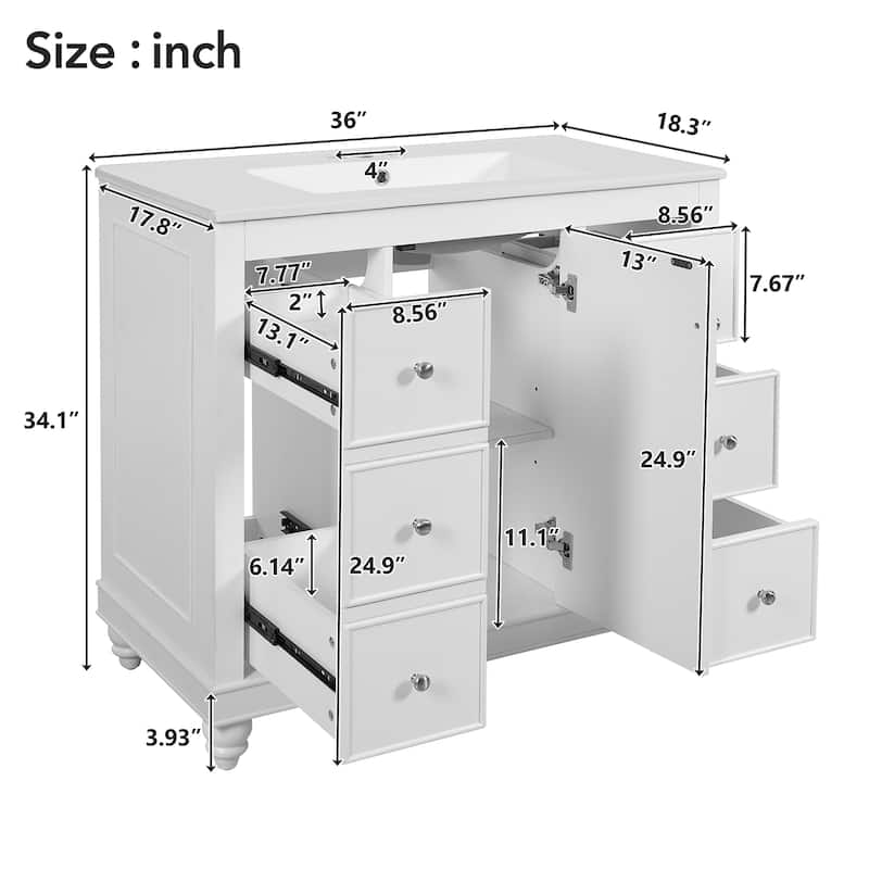 36" Bathroom Vanity with Ceramic Sink Combo, Solid Wood Frame Bathroom Cabinet
