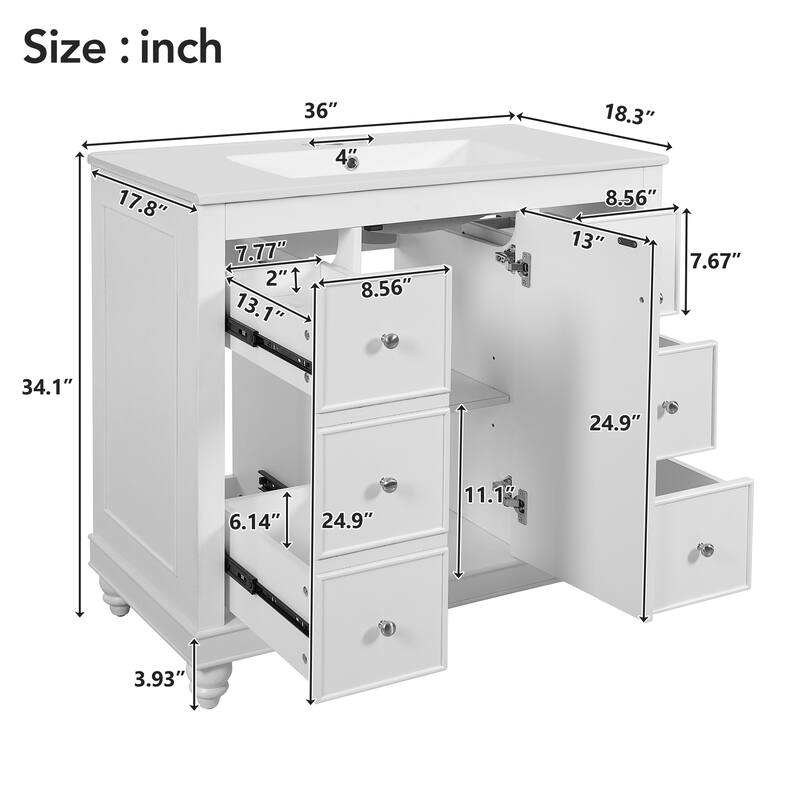 Bathroom Vanity Storage Cabinet with 4 Drawers, Removable Dividers, Adjustable U-shaped Shelf and Silver Handles