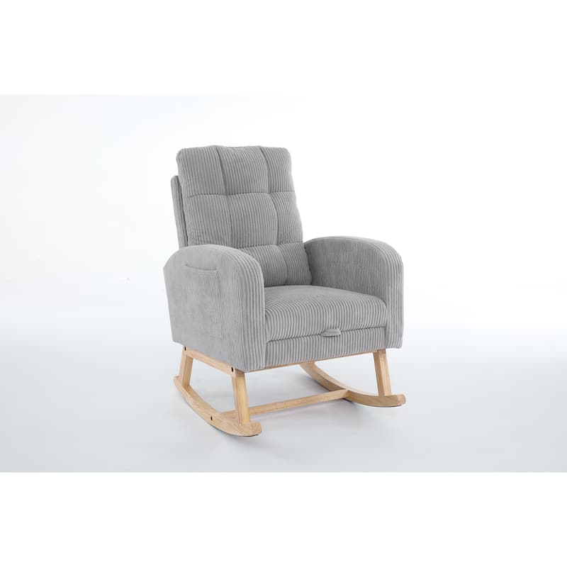 Accent Rocking Chair Rocking Chair with Solid Wood Legs, Upholstered Nursery Glider Rocker, Comfy Armchair with Side Pocket