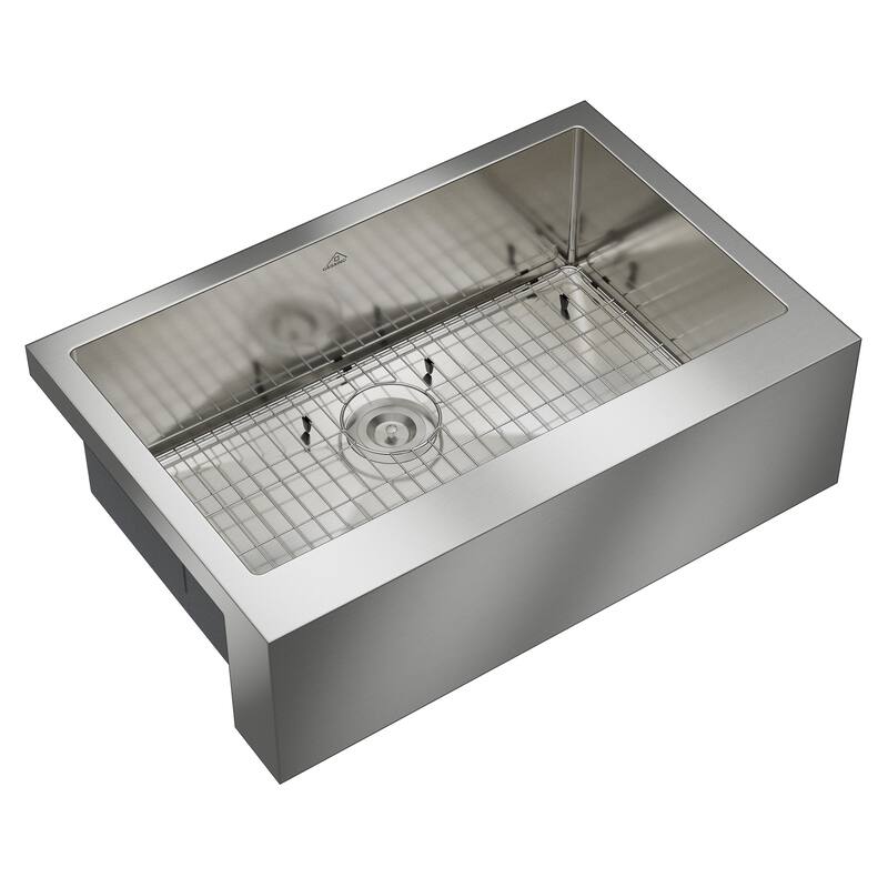 Handmade Stainless Steel 18-Gauge Single Bowl Farmhouse Apron Kitchen Sink with Bottom Grid and Basket Strainer