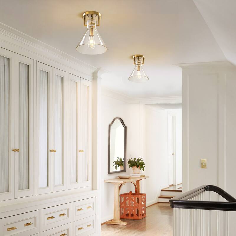 9.8" 1-Light Mid-Century Modern Brushed Brass Semi-Flush Mount Ceiling Light with Clear Cone Glass Shade for Hallway or Bedroom