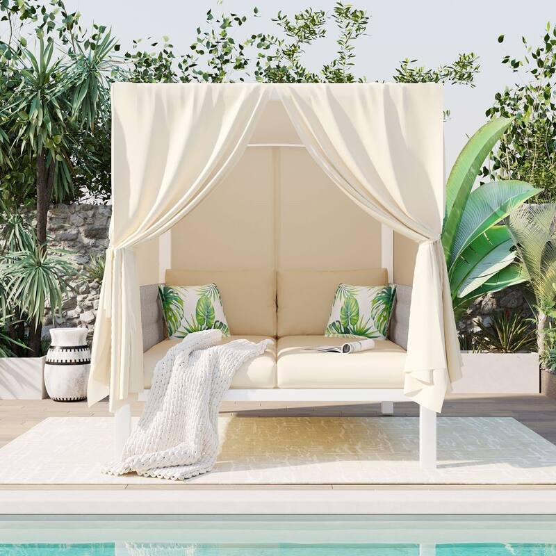 Outdoor Patio Sunbed with Curtains, High Comfort, Suitable for Multiple Scenarios - Beige
