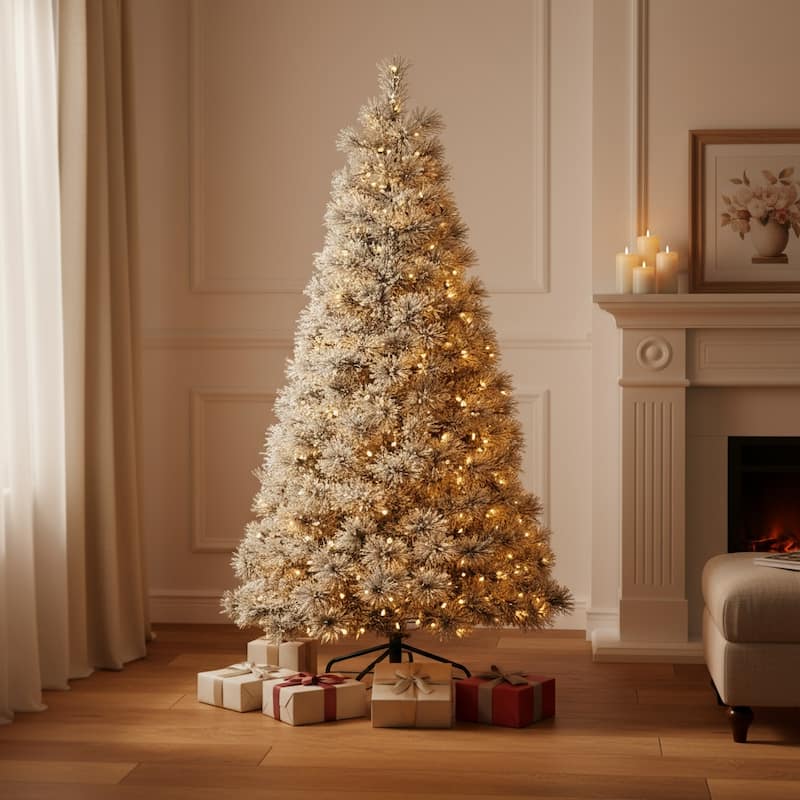 HomeRoots 9' White Pre Lit Full Flocked Spruce Christmas Tree - 58.00 in. x 108.00 in. x 58.00 in. - White - 9 Foot