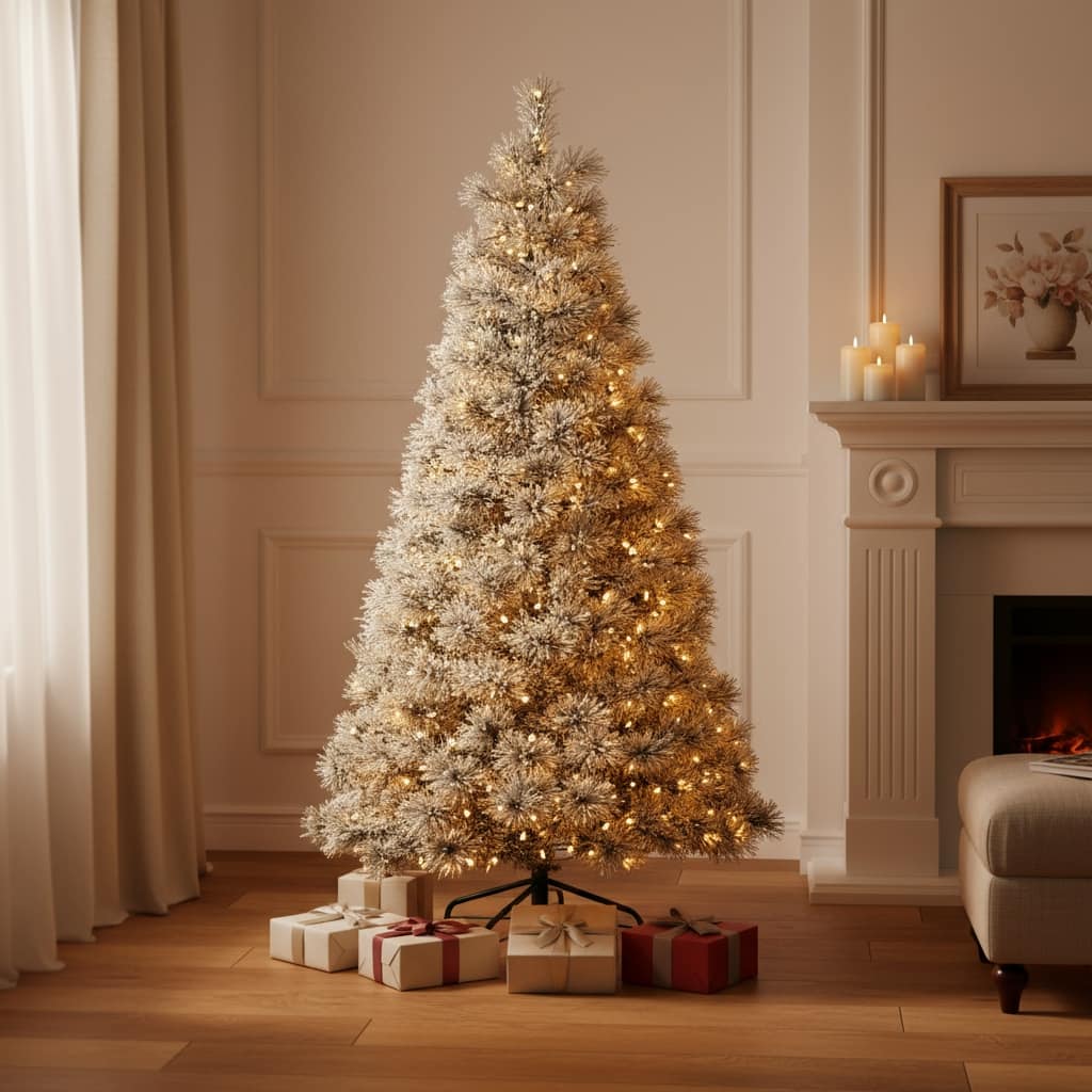 HomeRoots 9' White Pre Lit Full Flocked Spruce Christmas Tree - 58.00 in. x 108.00 in. x 58.00 in.