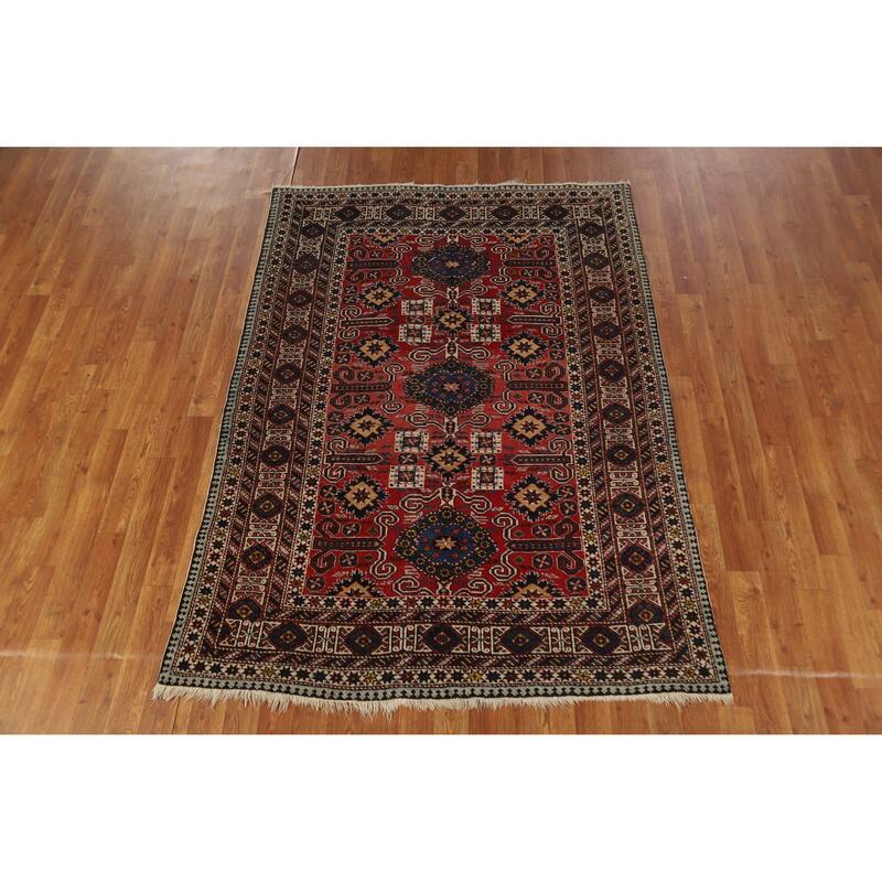 Hand Knotted Oriental 100% Wool Carpet Traditional Geometric Red Kazak Area Rug - 6' 3'' X 4' 5''