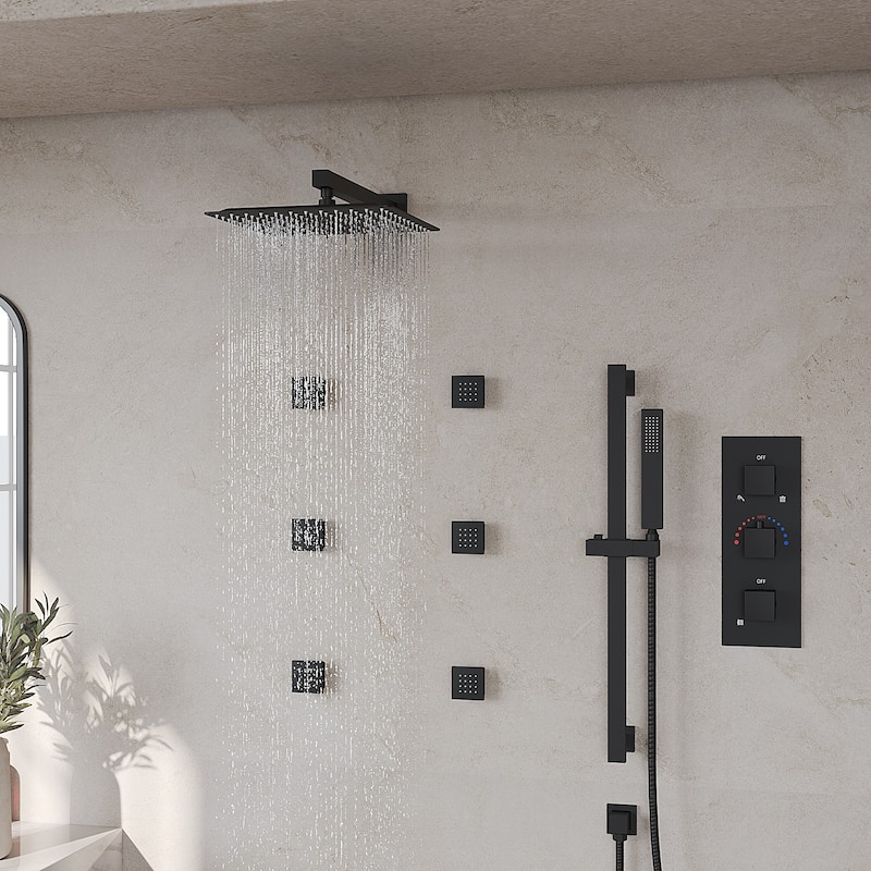 GRANDJOY Thermostatic Shower Faucet Set 12" Wall Mount Rainfall Shower Head Handheld Spray with Slide Bar Body Jets