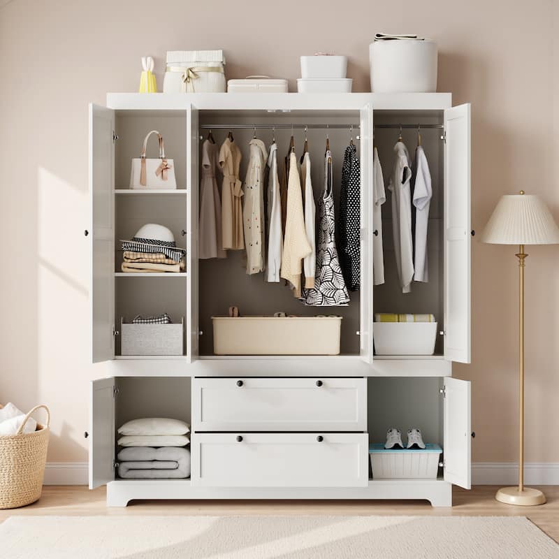 Pocassy 71" H Wardrobe Closet with Drawers with Doors and Storage - White-4 Doors with 2 Drawers and 2 Cabine