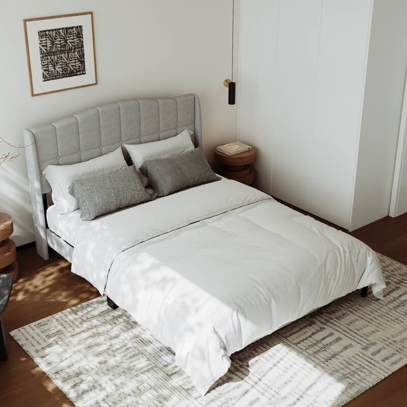 Upholstered Platform Bed Frame with Wingback Headboard and Wooden Slats