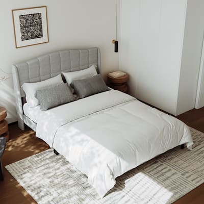 Upholstered Platform Bed Frame with Wingback Headboard and Wooden Slats