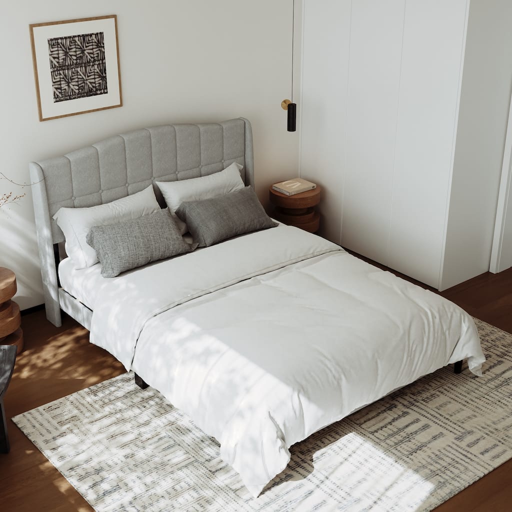 Upholstered Platform Bed Frame with Wingback Headboard and Wooden Slats