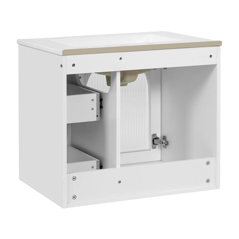 Wall Mounted Bathroom Vanity Set with Ceramic Sink, Floating Bathroom Cabinet with Glass Door - 24 Inch