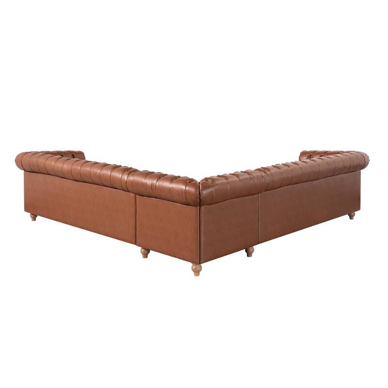 L-Shaped Sectional Sofa with Nailhead Trim & Wooden Legs, PU Leather Upholstered Sofa, Large Corner 6-Seater Sofa