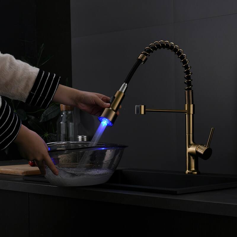 Single Handle Commercial LED Kitchen Sink Faucet With Pull Down Sprayer Brushed Gold Modern Spring Single Hole Basin Taps