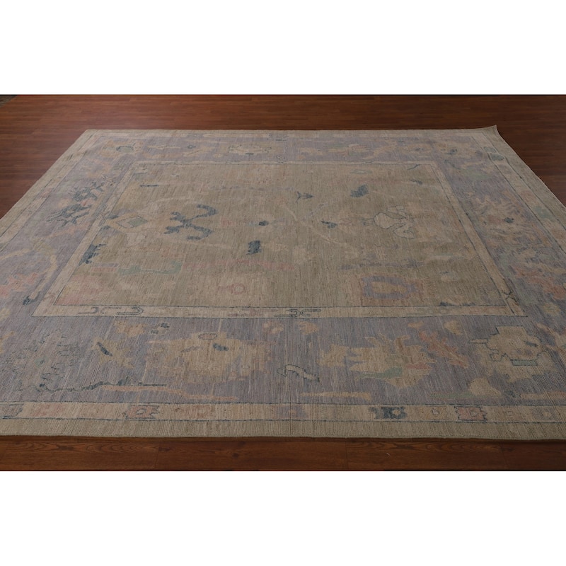 Vegetable Dye Oushak Turkish Area Rug Hand-Knotted Green Wool Carpet - 7'9"x 9'6"