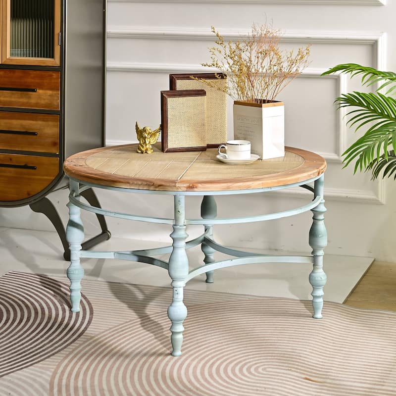 Rossetta Round Farmhouse Rustic Style Coffee Table with Metal Frame and Open Storage