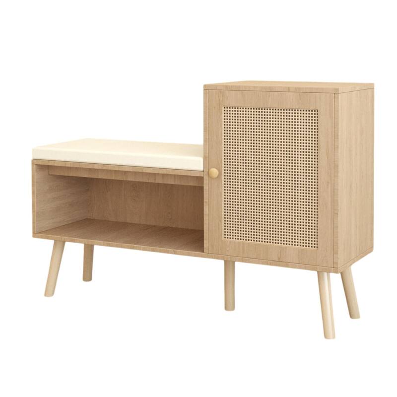 Anmytek Entryway Storage Bench with Rattan Wood Seat Shoe Cabinet for Foyer Mudroom