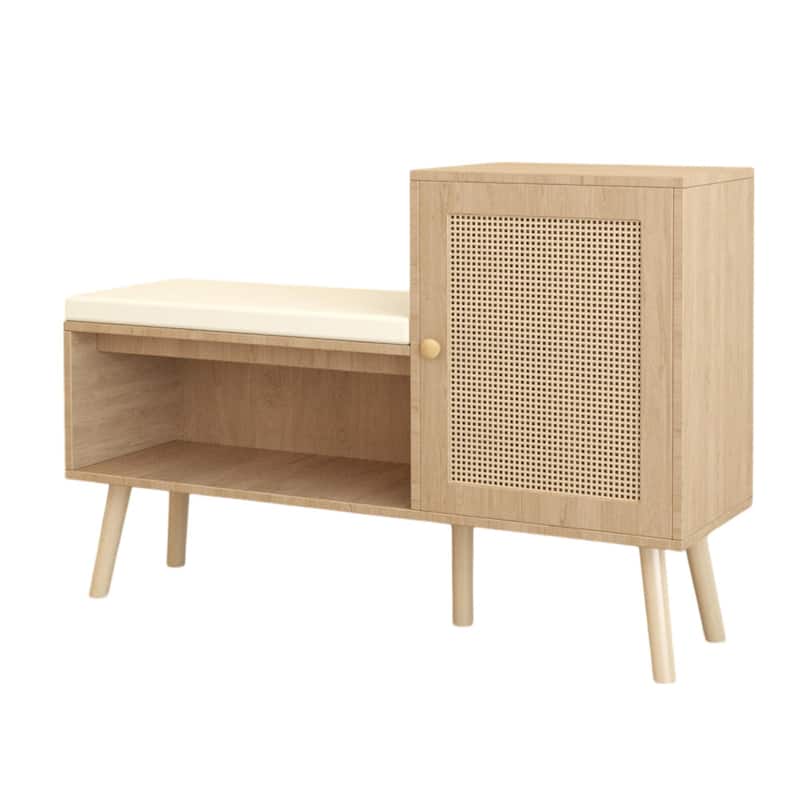 Homy Casa 2-in-1 Entryway Accent Storage Cushion Bench with Rattan Cabinet