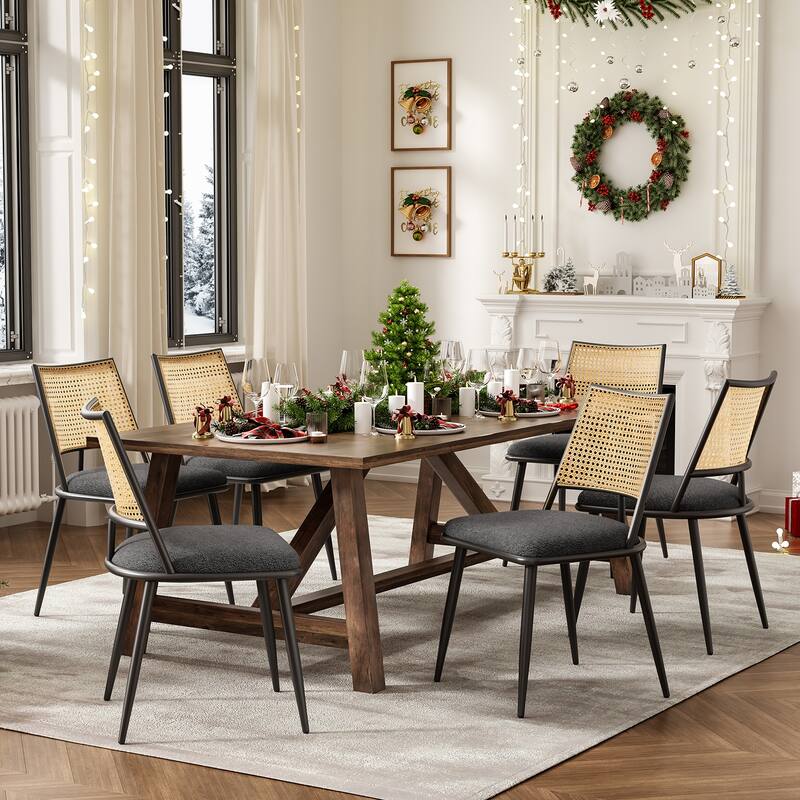 Dining Chairs Set of 2, Mid-Century Modern Kitchen Chairs with Rattan Backrest & Metal Frame, Boucle Upholstered Accent Chairs