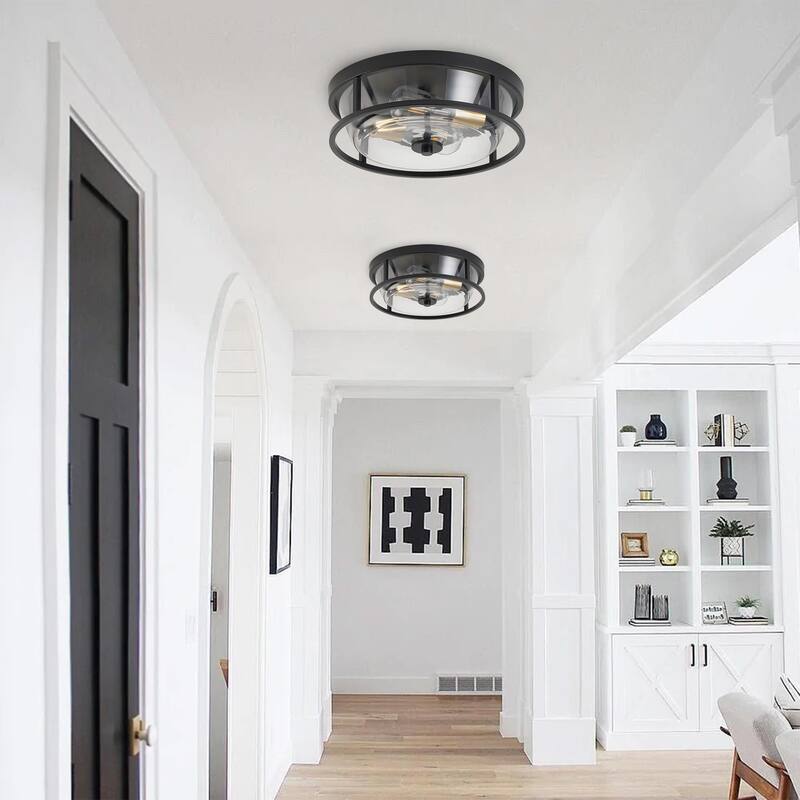 Farmhouse 2-Light Metal Frame Close to Ceiling Light with Glass Shade