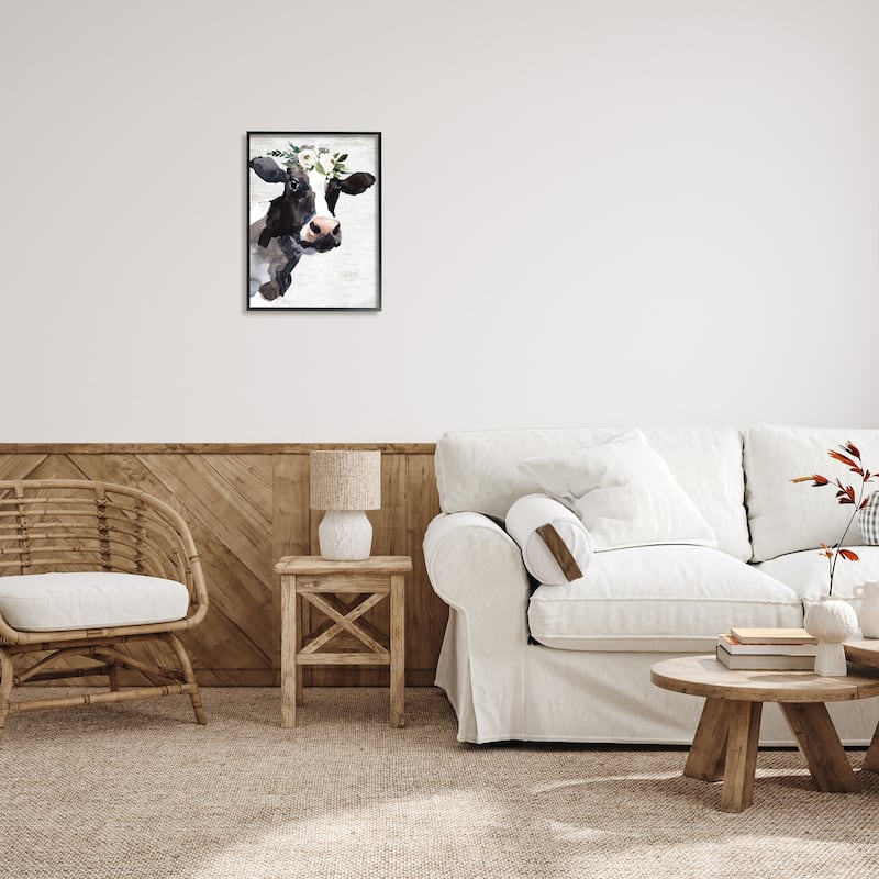 Stupell Dairy Farm Cow Boho Floral Crown Charming Animal Framed Wall Art
