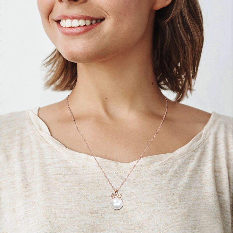 Miadora 12-12.5mm Cultured Freshwater Pearl and Diamond Bow Drop 10k Rose Gold