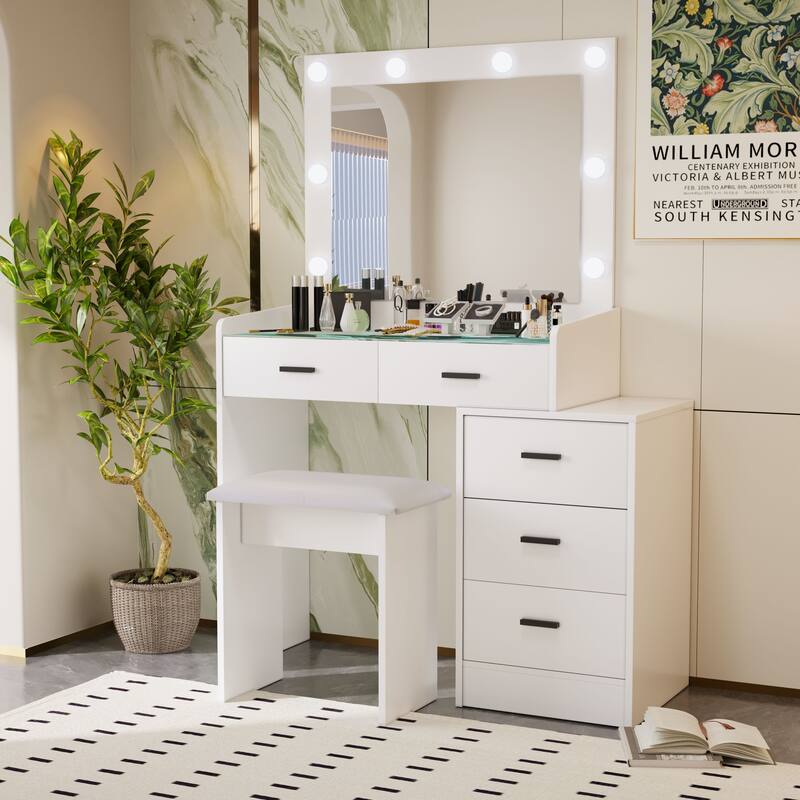 Vanity Desk with Mirror & Lights, Makeup Vanity Set with Power Outlet, 5 Drawers & 3 Open Shelves, 3 Lighting Color Adjustable