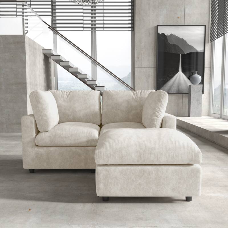 Modern Loveseat Couch with Ottoman Chenille Modular Sectional Sofa Removable Cover, Spring Cushions, Solid Wood Frame