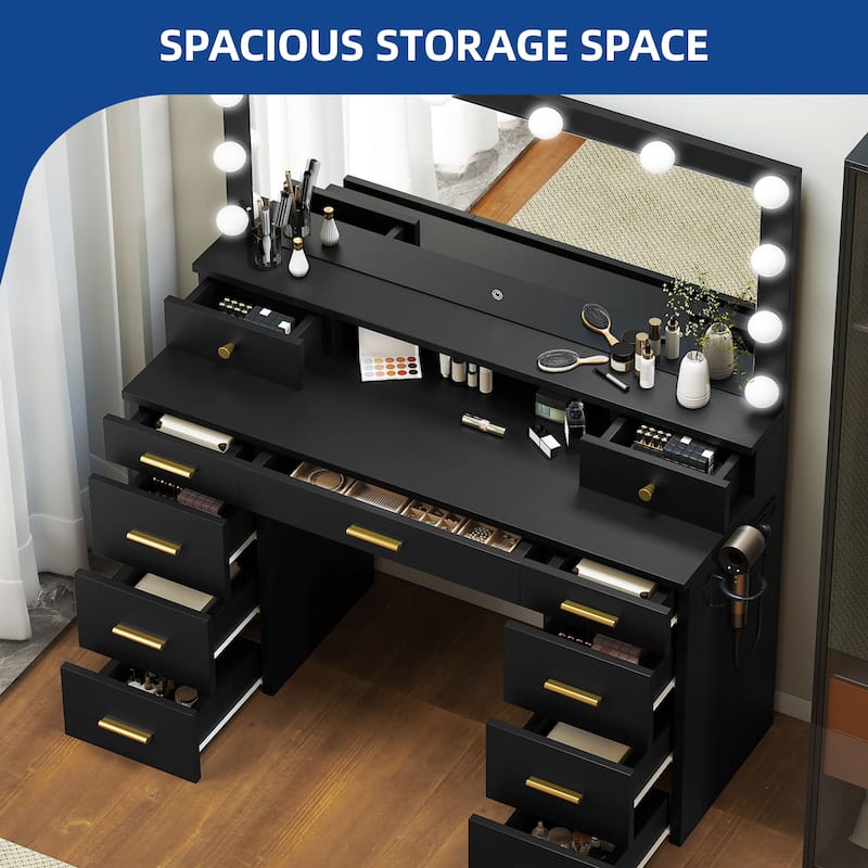 Moasis Large White Vanity Desk with 11 Drawers Mirror Lights USB and Type C Ports for Bedroom