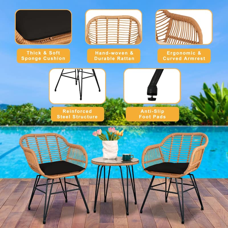3 Piece Outdoor Wicker Furniture Patio Bistro Set With Cushions for Porch Poolside Garden - 21.2"L x 23.6"W x 31.5"H