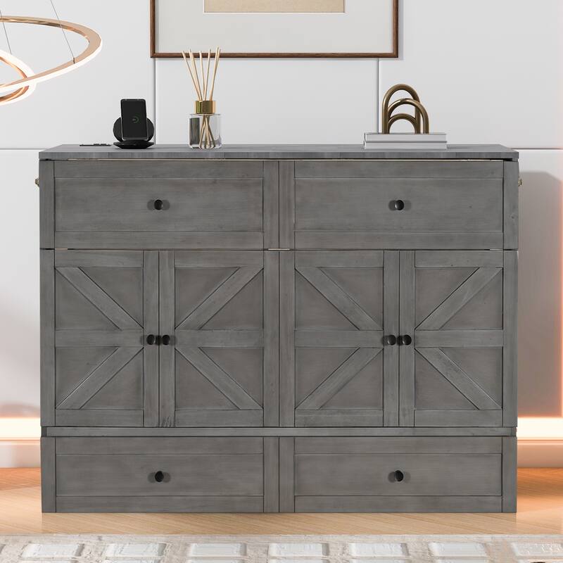 Modern Murphy Bed with Large Storage Drawers and USB Ports - Gray - Full