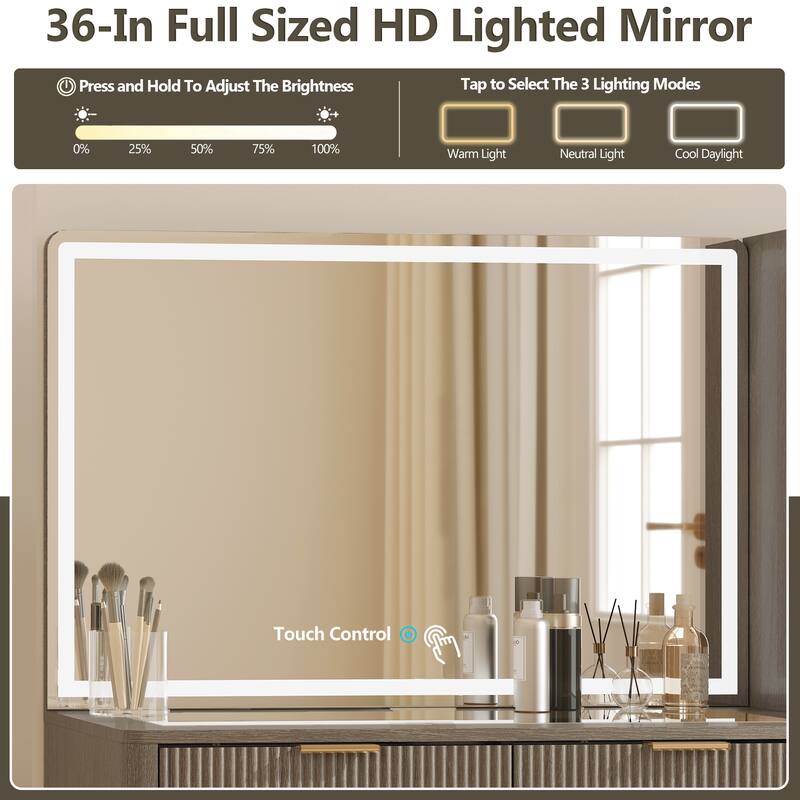 Modern Fluted Makeup Vanity Desk with Lighted Mirror, Dressing Table