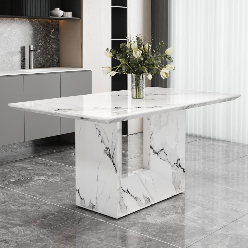 Roomfitters White Marble MDF Rectangular Dining Table, O-Shaped Pedestal Base, Faux Marble Kitchen Table for 4-6