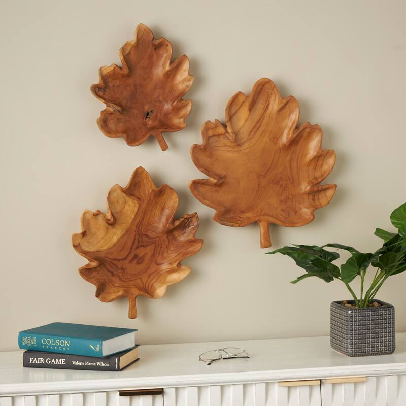 Brown Teak Wood Handmade Carved Leaf Living Room Decor Tray (Set of 3) - Brown