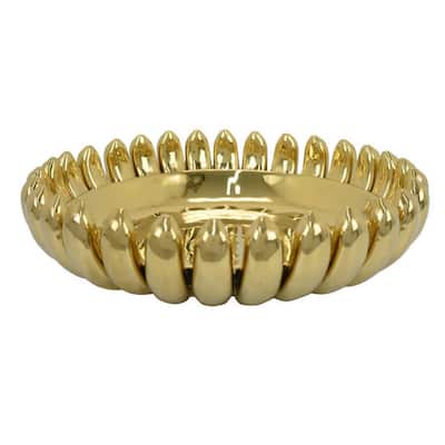 Zoma Accent Bowl, 16 Inch Raised Rounded Edges, Gold Ceramic Body