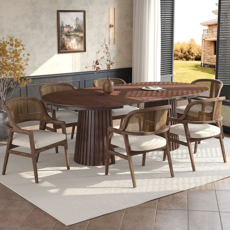 Christopher Knight Home - Mid-Century Extendable Dining Table Set with Upholstered Cane Back Dining Chairs - Beige,Walnut - 7-Piece