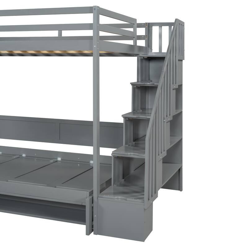 Full Size Convertible Murphy Bunk Bed with Hydraulic Lift, Built-in Desk & Storage Staircase, Space-Saving Wall Bed