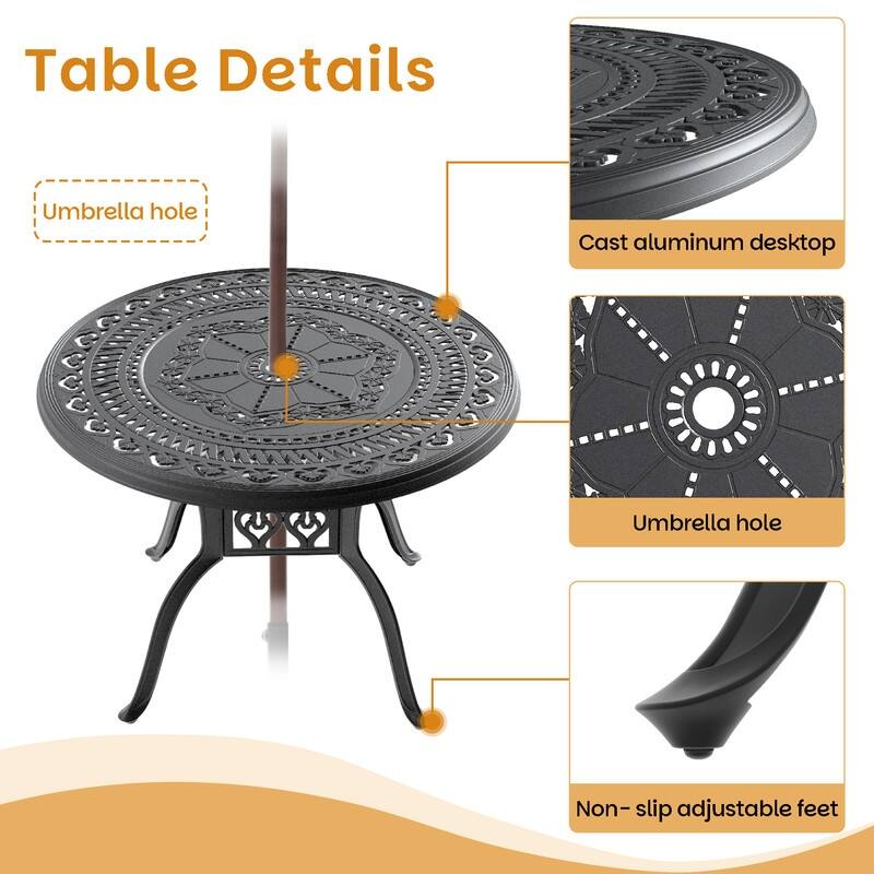 5-Piece Cast Aluminum Outdoor Dining Set with 39.37 in. Round Table and Seat Cushions