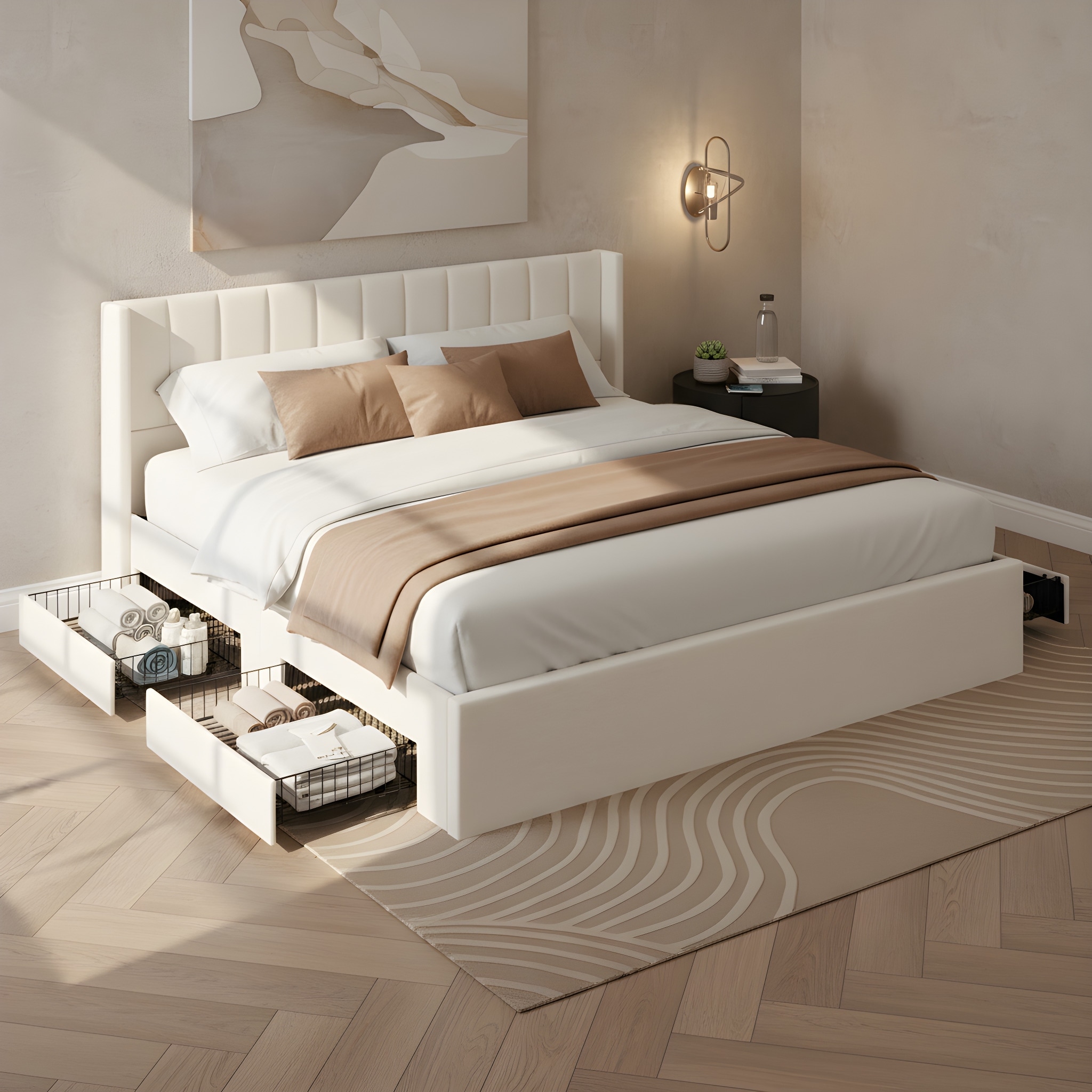 Christopher Knight Home - Modern Upholstered Storage Bed with Drawers and Vertical Headboard