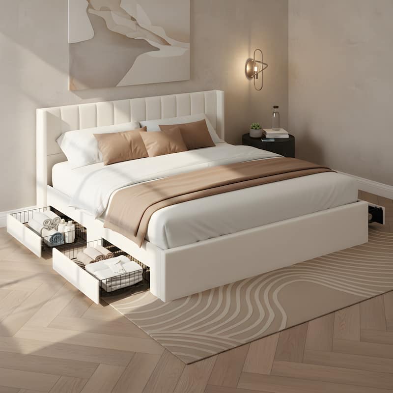 Christopher Knight Home - Modern Upholstered Storage Bed with Drawers and Vertical Headboard - Beige - King