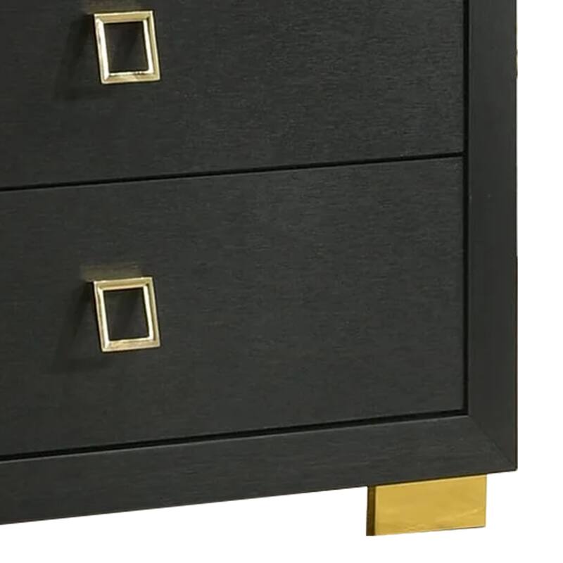 Lati Tall Dresser Chest, 5 Drawers, Black Wood, Gold Metal