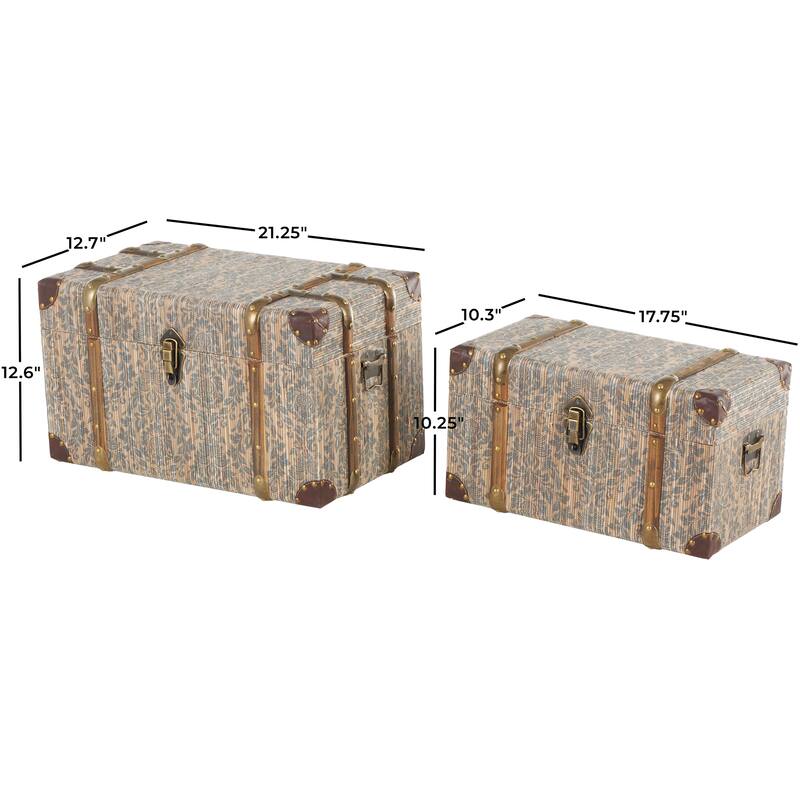 Blue Wooden Vintage Storage Floral Decorative Trunk with Brown Leather and Wood Accents and Gold Studs (Set of 2)