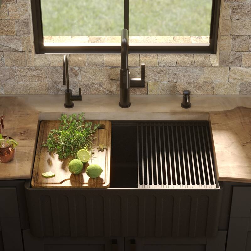Karran 30" Single Bowl Workstation Fireclay Kitchen Sink with Reversible Fluted Apron Front