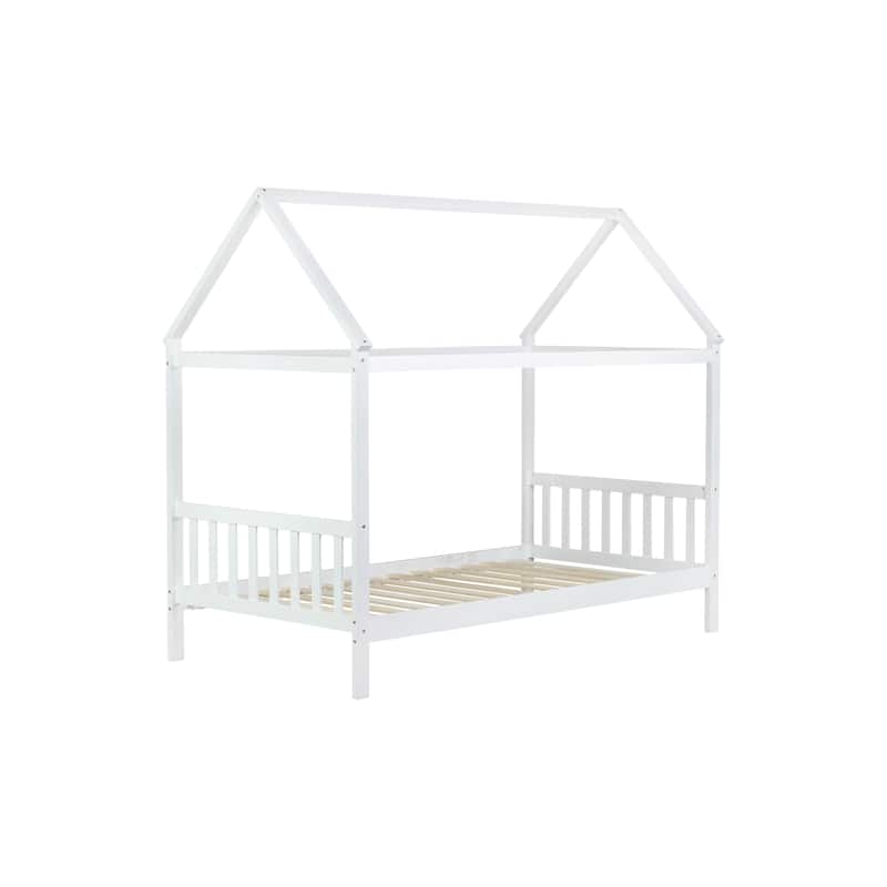 Twin House Bed with Headboard and Footboard, Twin Rubber Wood Bed with House Frame
