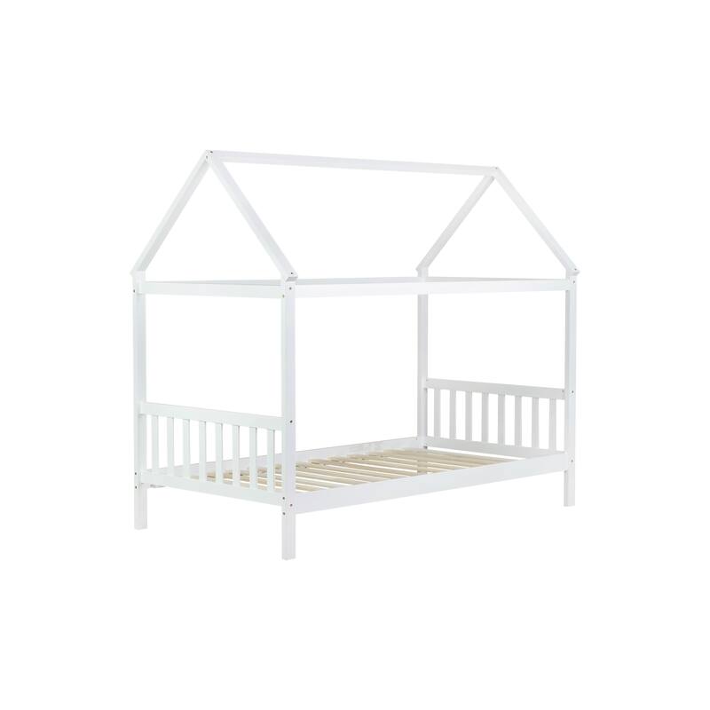 White Twin House Bed with Headboard and Footboard, Rubber Wood Frame